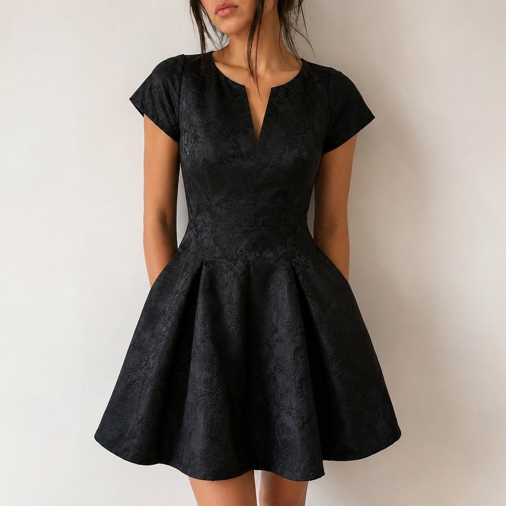 Trish Scully Juliette Black Fit and Flare Jacquard  Dress Large Coquette